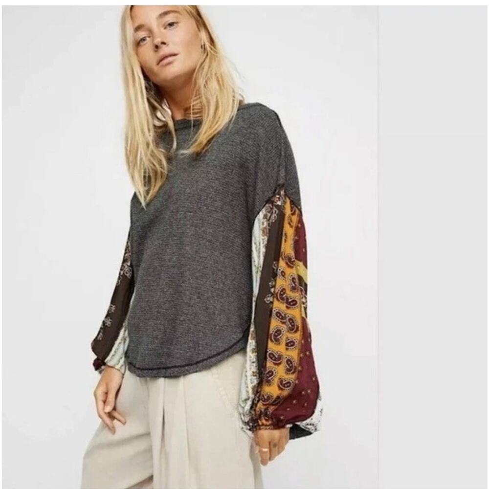Free People We The Free Blossom Gray Thermal Top Patchwork Balloon Slv Sz M Boho - Picture 3 of 16